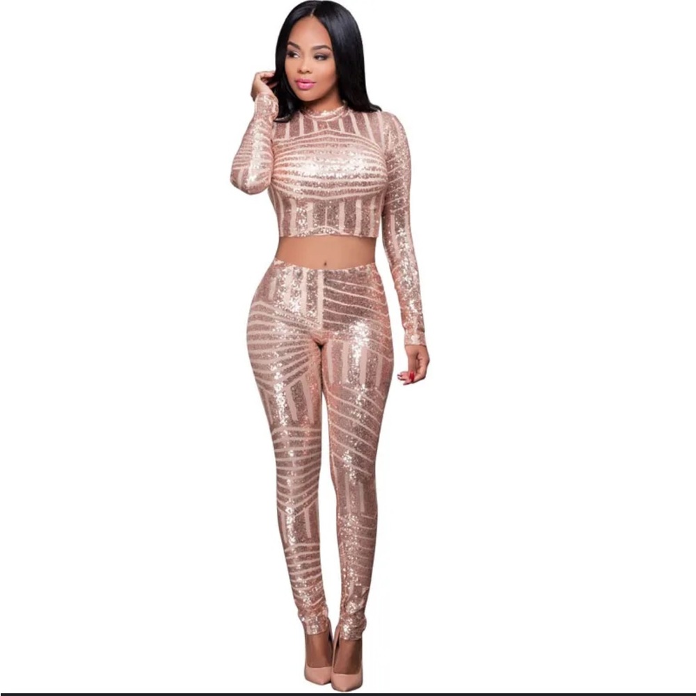 Sequin Two-Piece set Bodycon Outfit large rose gold